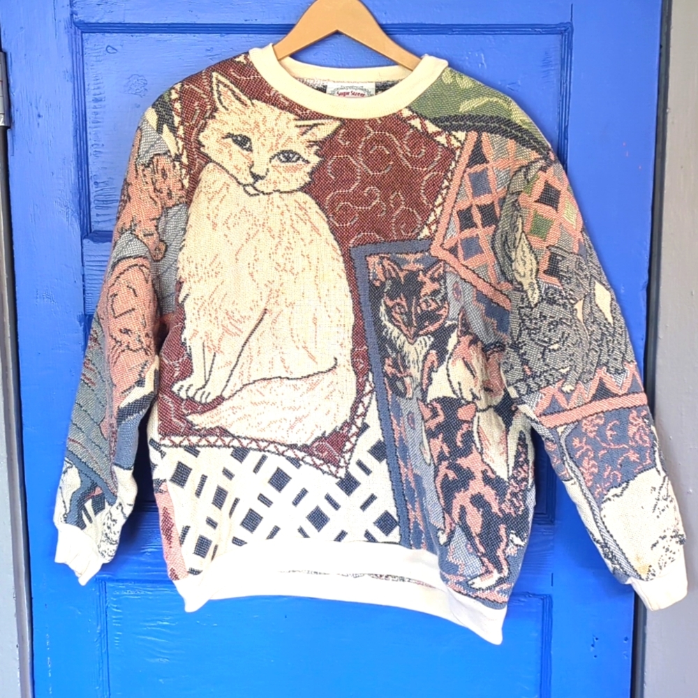 Vintage Sugar Street Weavers cat tapestry woven crew neck pullover sweater USA